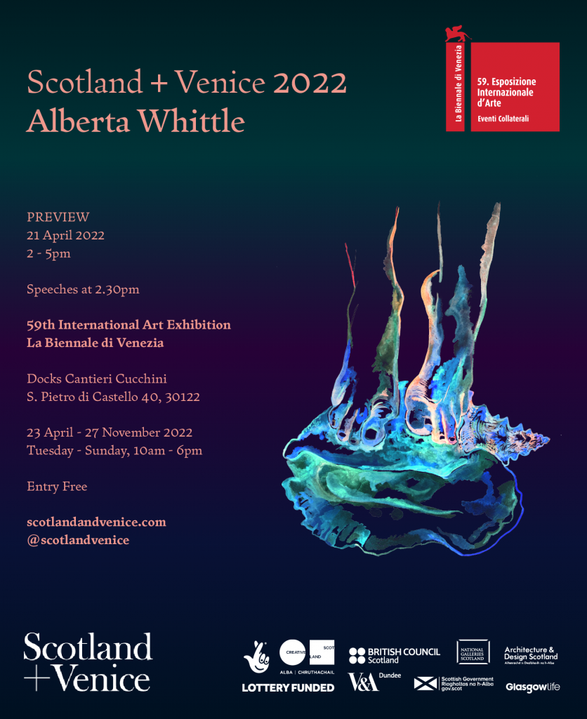 The image is of the Scotland + Venice Opening Preview inviteon Thursday 21st April at 2-5pm with speeches at 2.30pm. The venue is Docks Cantieri Cucchini and the design features a watercolour painting of a cowrie shell to the right by Alberta Whittle. The background of the invite features a gradient in navy, purple, and emerald green.